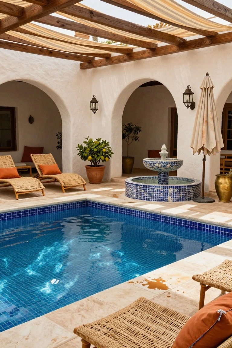20 Practical Pool Shade Canopy Ideas For Hot Summer Days A small blue mosaic-tiled pool in a white stucco courtyard under a wooden pergola with beige striped fabric canopy, surrounded by arched doorways, rattan lounge chairs, a fountain, potted plants, and umbrellas.