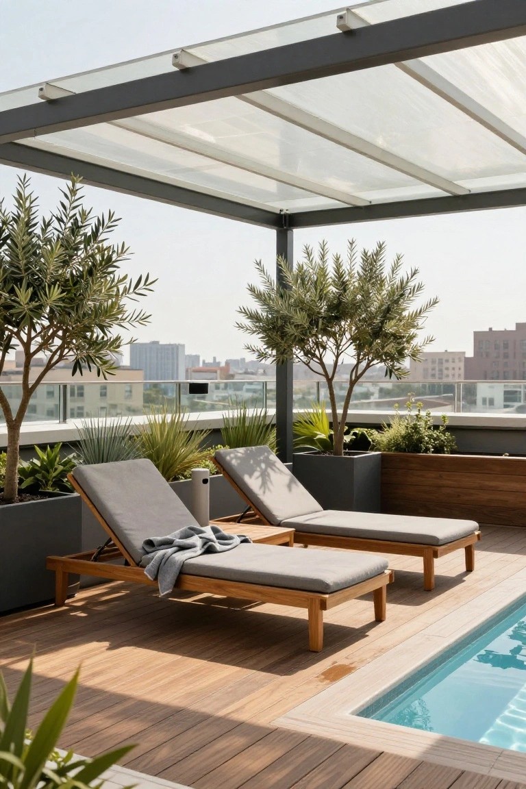 20 Practical Pool Shade Canopy Ideas For Hot Summer Days Rooftop wooden deck with small infinity-edge pool, two teak lounge chairs with gray cushions under white translucent canopy, potted olive trees and plants around, cityscape view.