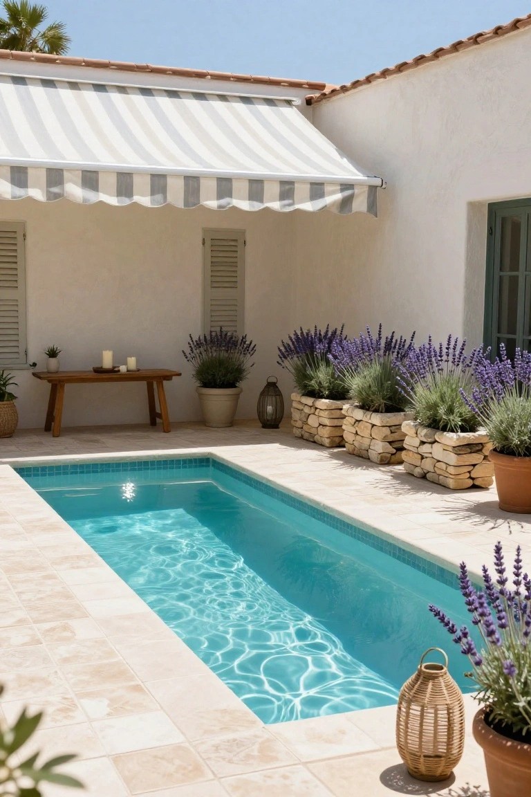 20 Practical Pool Shade Canopy Ideas For Hot Summer Days Narrow turquoise lap pool with travertine surround, white stucco walls, gray-and-white striped fabric awning overhead, lavender plants in stone and terracotta pots, wooden side table with candles, and lantern accents.