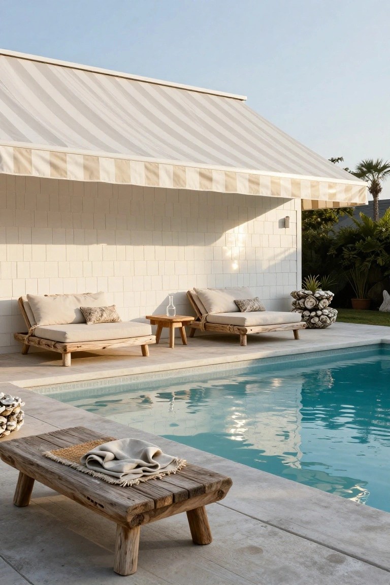 20 Practical Pool Shade Canopy Ideas For Hot Summer Days White and cream striped fabric awning shading two wooden daybeds with cushions on a tiled pool deck, with a low wooden table nearby and turquoise pool water in the foreground, white brick wall and tropical plants behind.