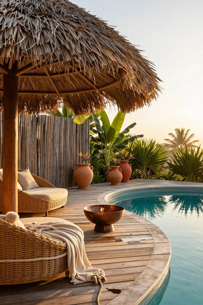 20 Practical Pool Shade Canopy Ideas For Hot Summer Days Curved turquoise pool with wooden decking edge, thatched roof canopy on wooden posts sheltering beige rattan lounge chairs with cushions and throw, bronze fire bowl, terracotta pots with plants, bamboo fence, and tropical foliage at sunset.
