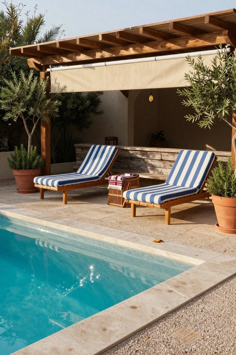 20 Practical Pool Shade Canopy Ideas For Hot Summer Days Wooden pergola with beige retractable shade fabric over two blue-and-white striped lounge chairs next to an infinity-edge pool, with potted olive trees and plants nearby.