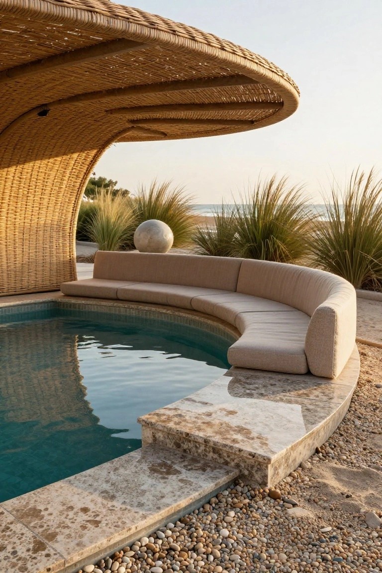 20 Practical Pool Shade Canopy Ideas For Hot Summer Days Curved beige cushioned bench beside a turquoise pool under a large arched woven reed canopy, with white sphere sculpture, dune grasses, sandy ground, and ocean view.