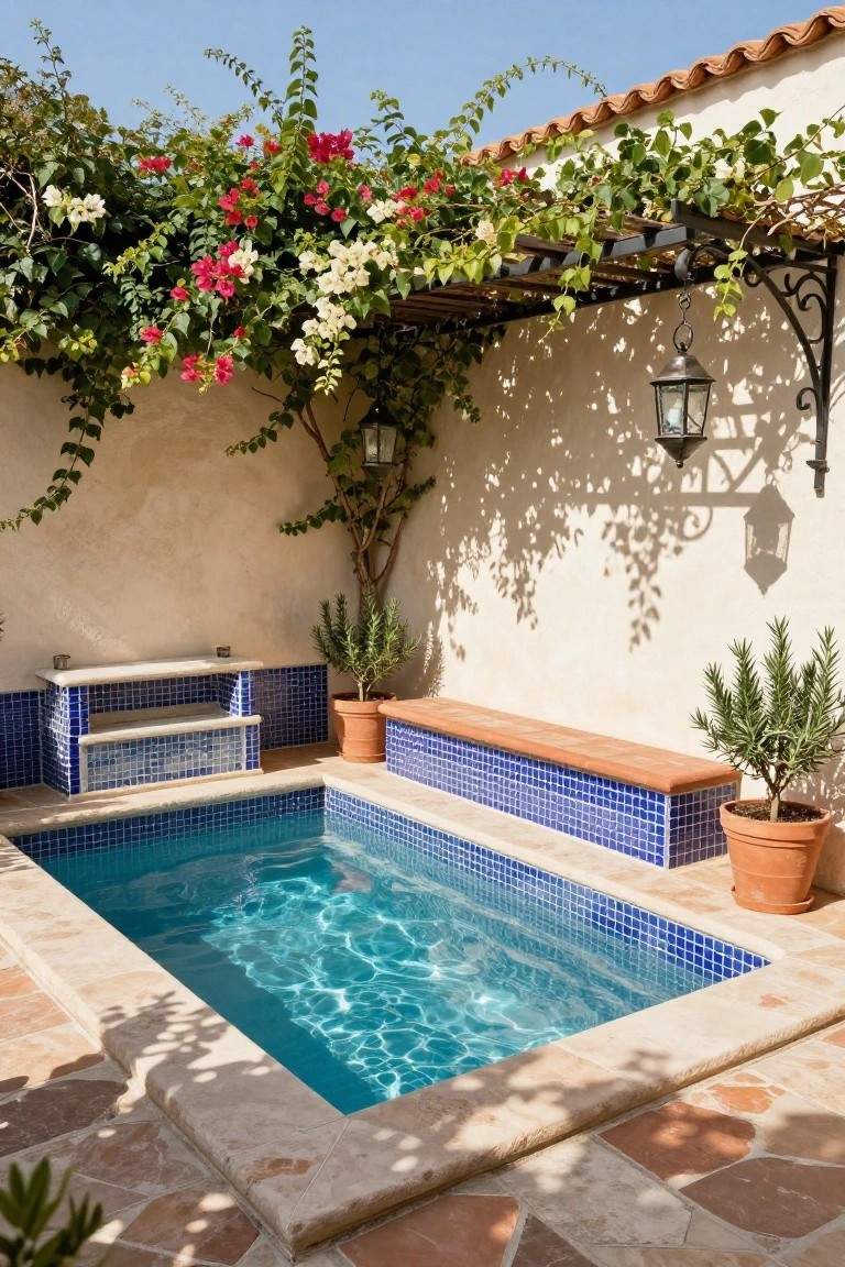 Small rectangular blue-tiled pool in a stucco-walled courtyard with terracotta built-in benches at varying heights, potted rosemary plants, climbing bougainvillea on overhead trellis, and hanging lanterns.