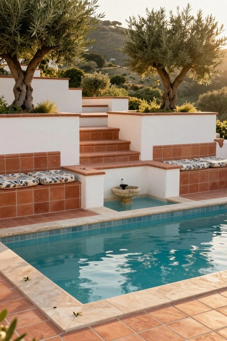 Terraced white walls with terracotta steps and built-in benches beside a turquoise semi-inground pool on a slope, flanked by olive trees and a stone fountain.