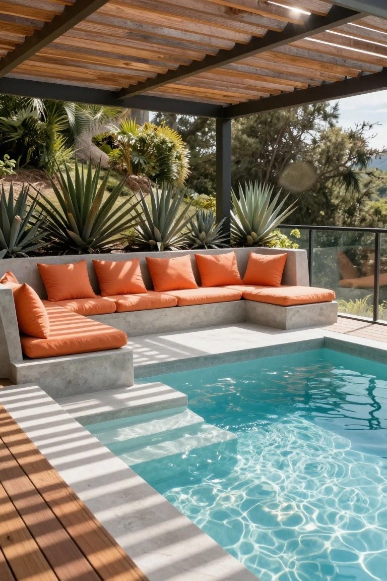 L-shaped built-in concrete benches with orange cushions line the edge of a turquoise semi-inground pool on a sloped site, under a wooden pergola with agave plants and tropical landscaping nearby.