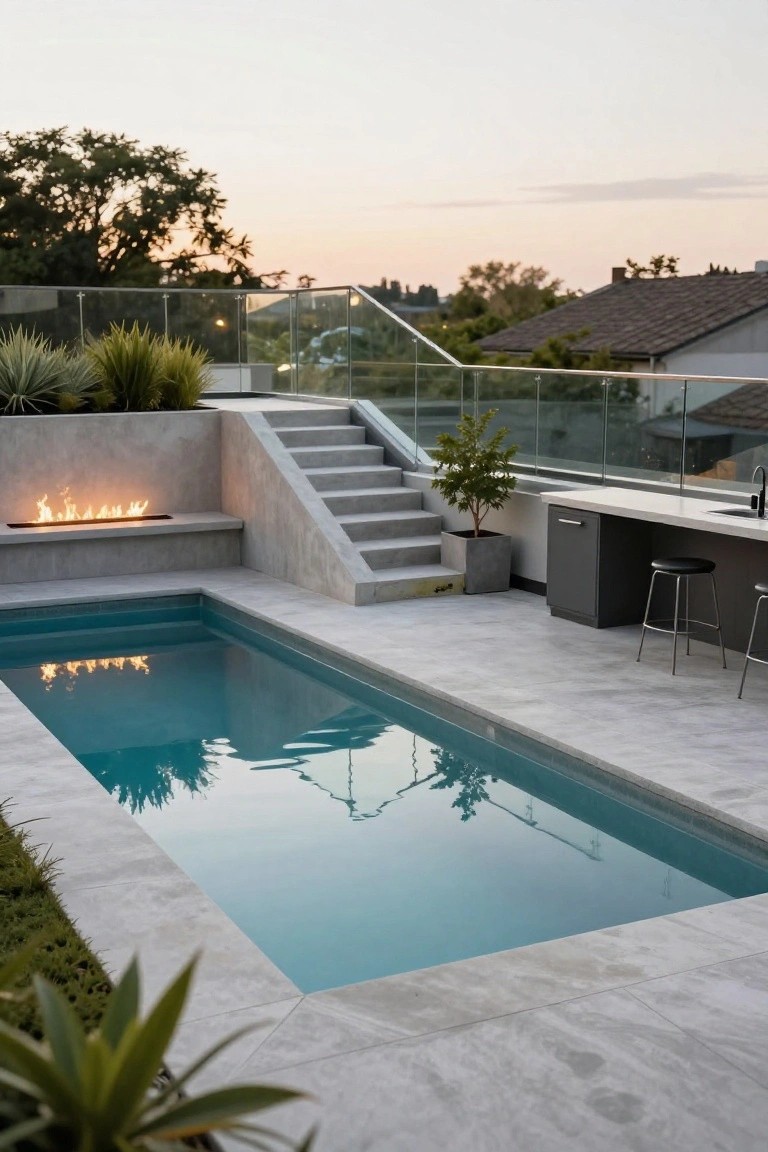 Rooftop terrace on a slope with narrow semi-inground pool, concrete steps, built-in fire pit bench, bar counter with stools, glass railings, and potted plants.