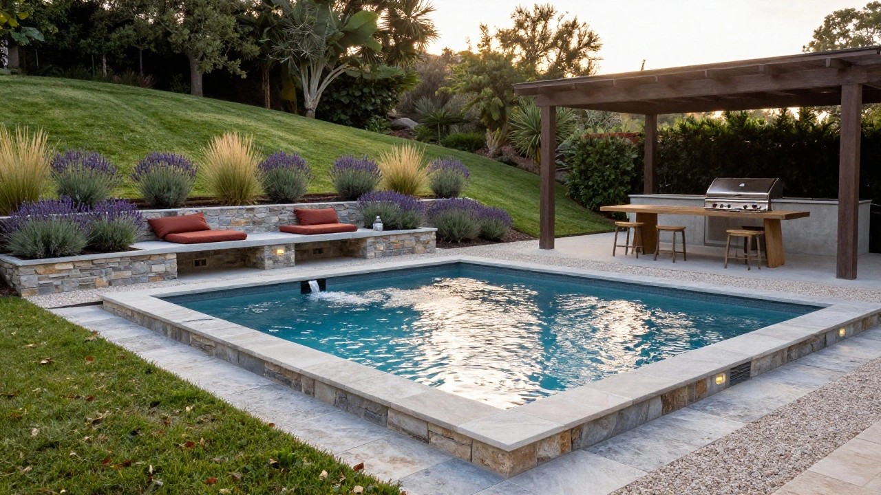 Narrow rectangular inground pool with waterfall on a terraced stone platform on a grassy slope, edged by lavender plants and grasses, with built-in cushioned bench seating, lit steps, wooden dining table, and nearby outdoor kitchen under a pergola, surrounded by trees and hillside.