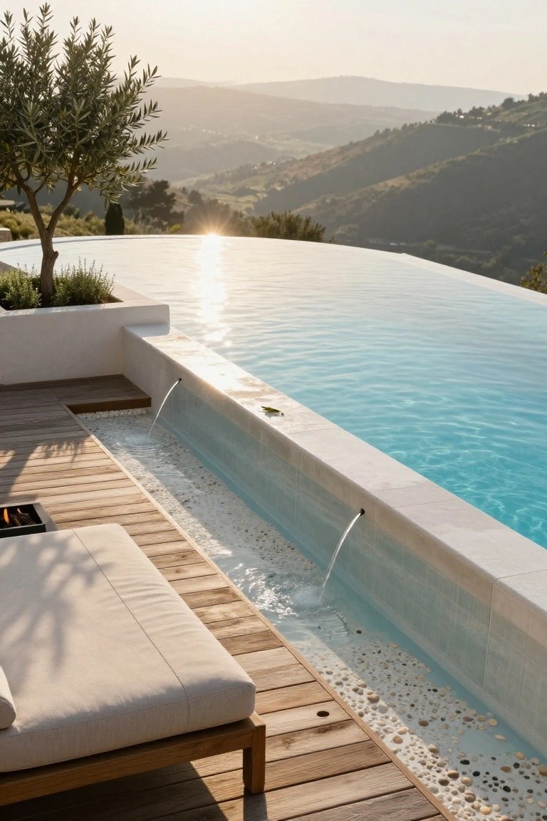 White infinity edge pool with overflow channel along wooden deck, lounge chair, fire pit, olive tree, and hillside view at sunset.