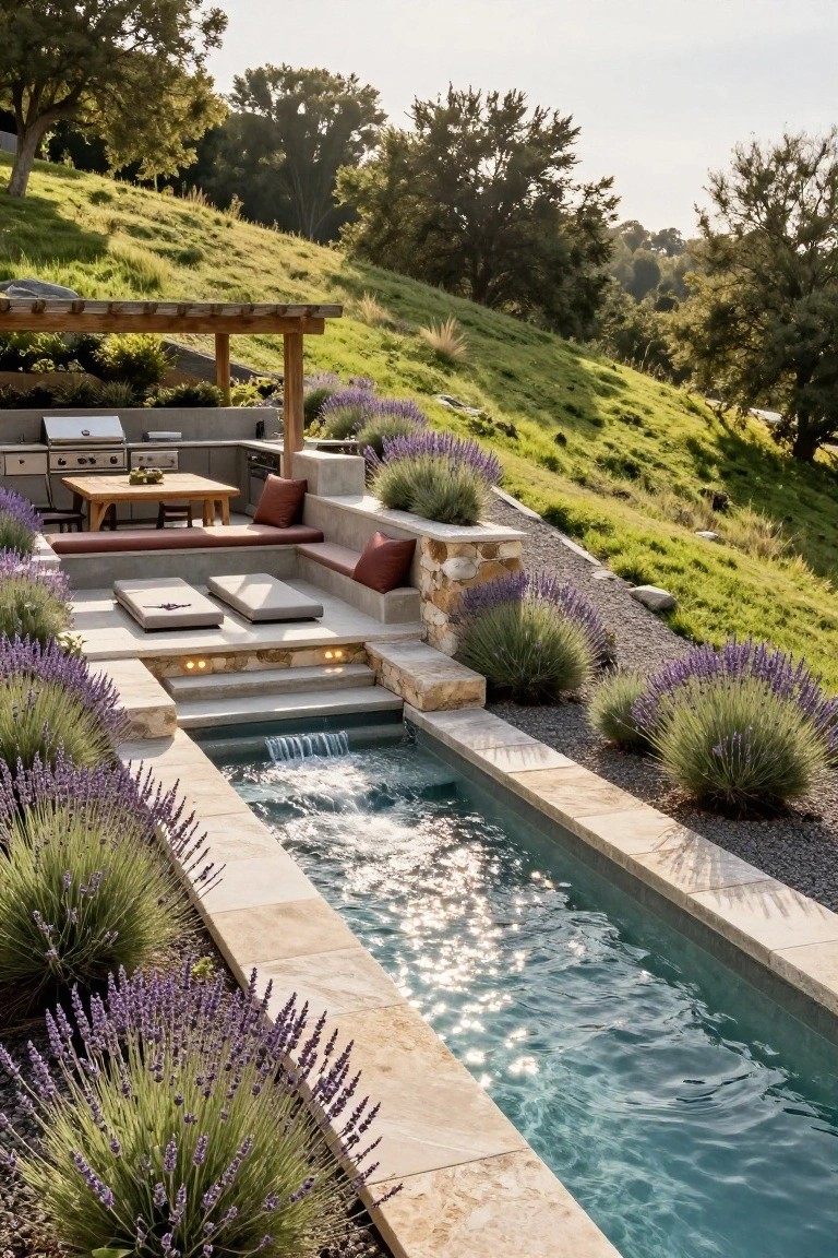 Narrow rectangular inground pool with waterfall on a terraced stone platform on a grassy slope, edged by lavender plants and grasses, with built-in cushioned bench seating, lit steps, wooden dining table, and nearby outdoor kitchen under a pergola, surrounded by trees and hillside.
