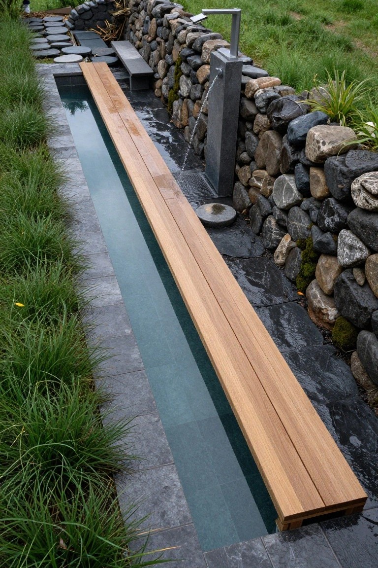 Narrow rectangular semi-inground pool on a slope with a long wooden bench along one side, stone retaining walls, grass plantings, and a metal water spout.