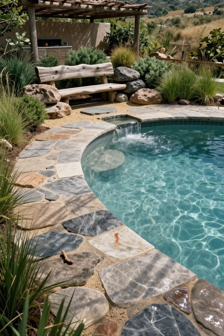 Curved semi-inground pool with irregular natural stone pavers along the edge, surrounded by grasses, rocks, and a rustic wooden bench near a pergola on a sloped landscape.