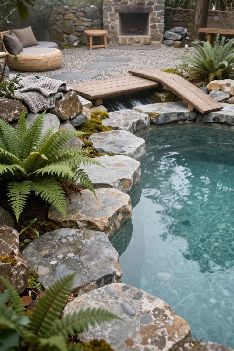 Semi-inground pool with natural stone slab edges on a sloped landscape, wooden bridge over waterfall, surrounding ferns, rocks, fire pit, and outdoor seating.