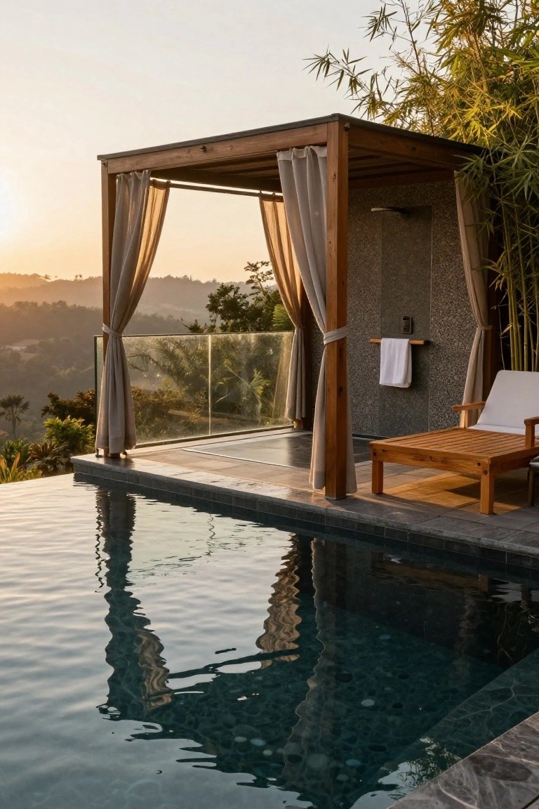 Wooden pergola with beige curtains around an outdoor shower and teak lounger chair next to a dark-tiled infinity-edge pool on a sloped terrace with hillside views, bamboo plants, and sunset sky.