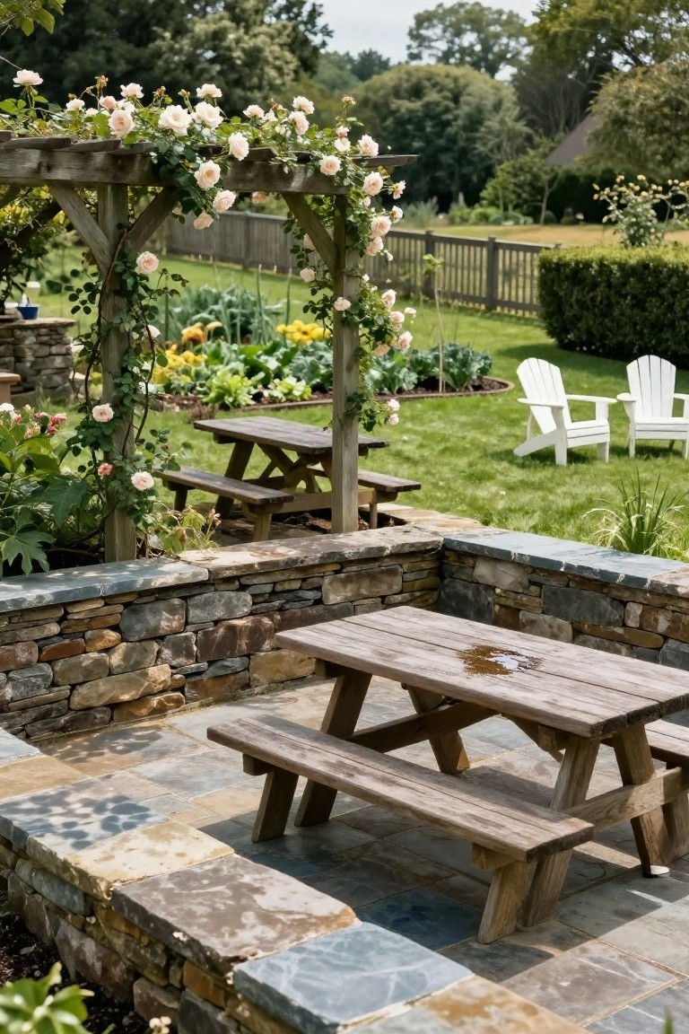 Rustic wooden picnic table and benches on a flagstone patio adjacent to a stone retaining wall, with a rose-covered wooden pergola, vegetable garden beds, and white Adirondack chairs on grass in a sloped backyard.