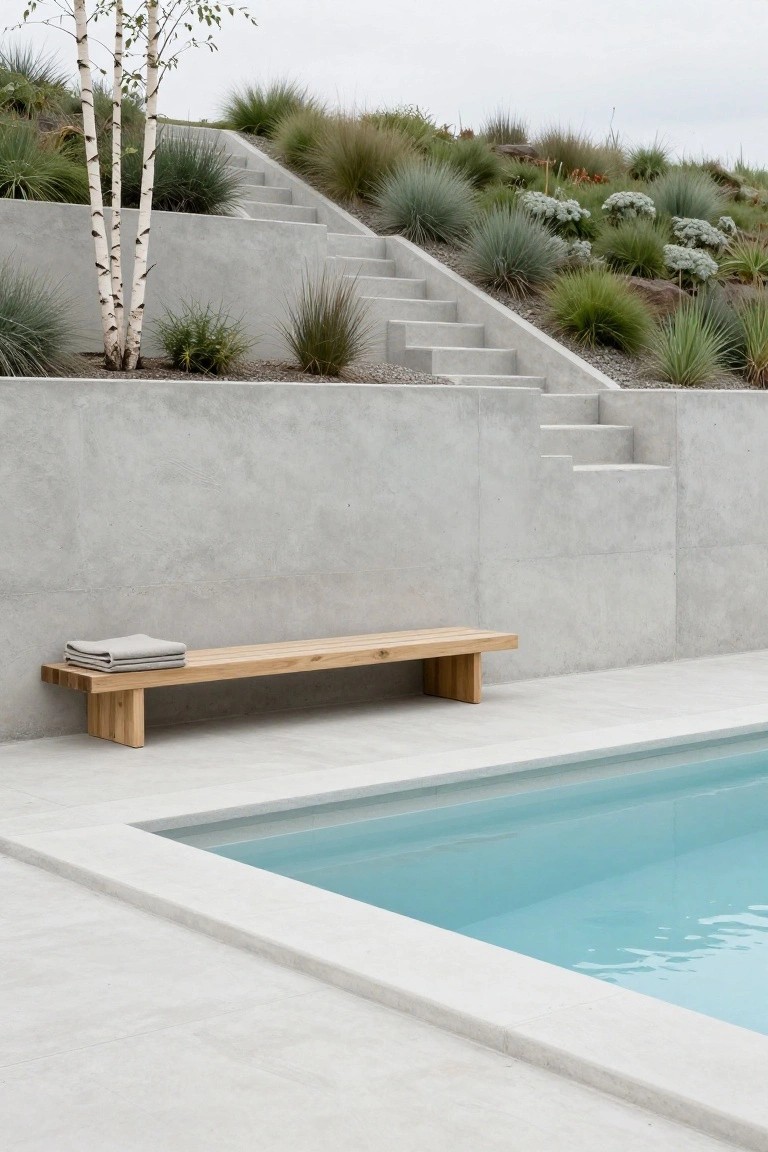 A light wooden bench with two folded gray towels sits against a gray concrete retaining wall beside a turquoise semi-inground pool, with concrete stairs and planted slope in the background.