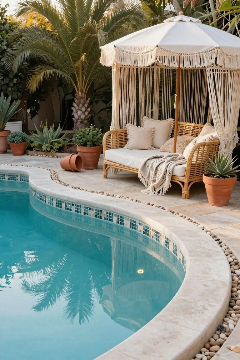 Curved turquoise pool with blue mosaic tiles and travertine coping edged by pebbles and stone pavers, next to a rattan daybed under a white fringed canopy umbrella, surrounded by palm trees and potted plants.