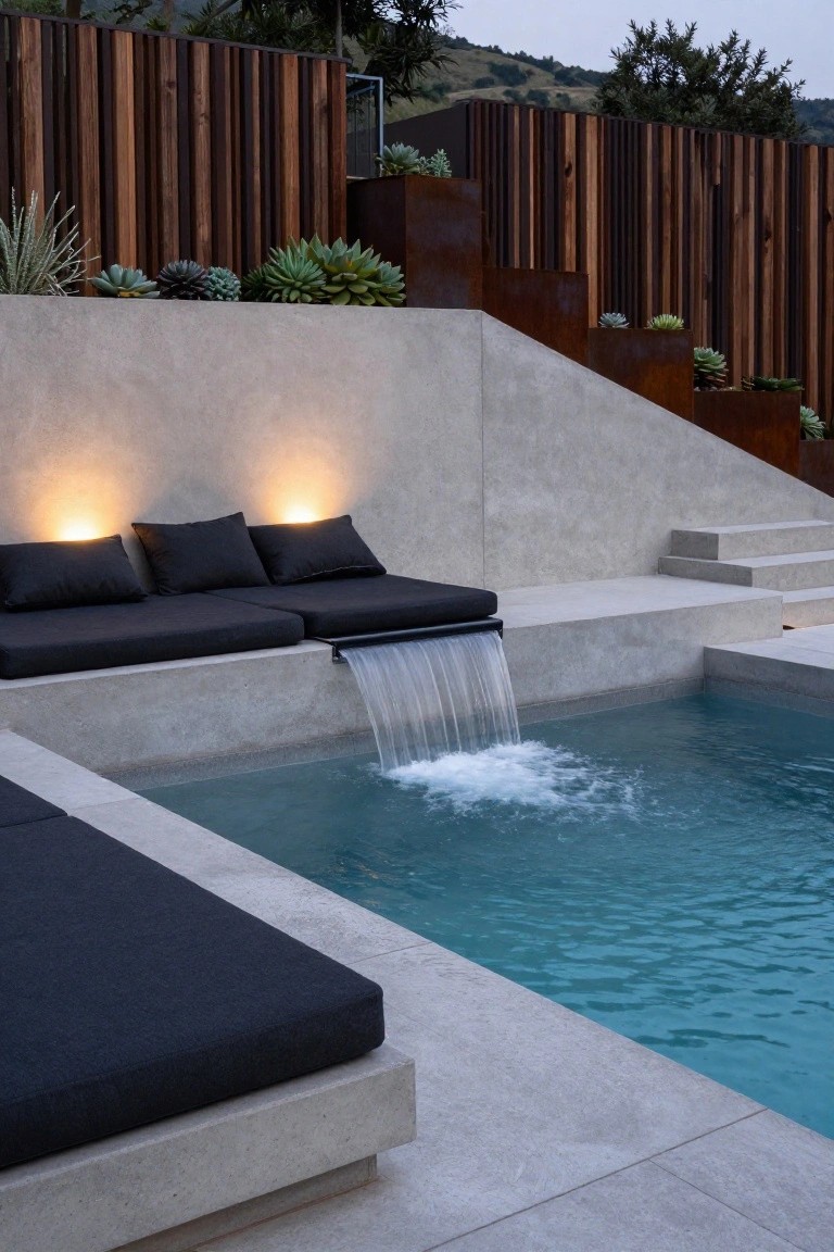 Semi-inground turquoise pool on a slope with raised concrete bench seating topped by black cushions and a waterfall cascading from the bench edge into the pool, backed by concrete walls, wooden slat fencing, and potted succulents.