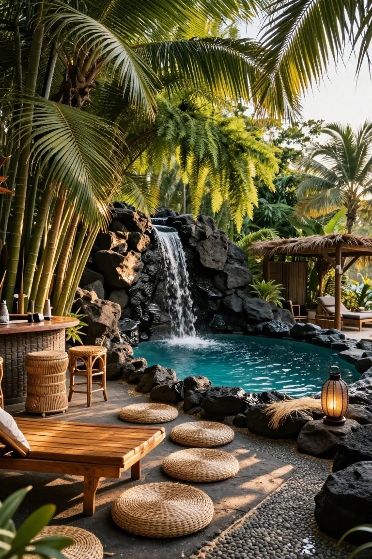 Turquoise semi-inground pool nestled against black rock outcroppings on a slope with a waterfall flowing into it, surrounded by bamboo, palm trees, a wooden bar with stools, and woven cushions on pebble ground.