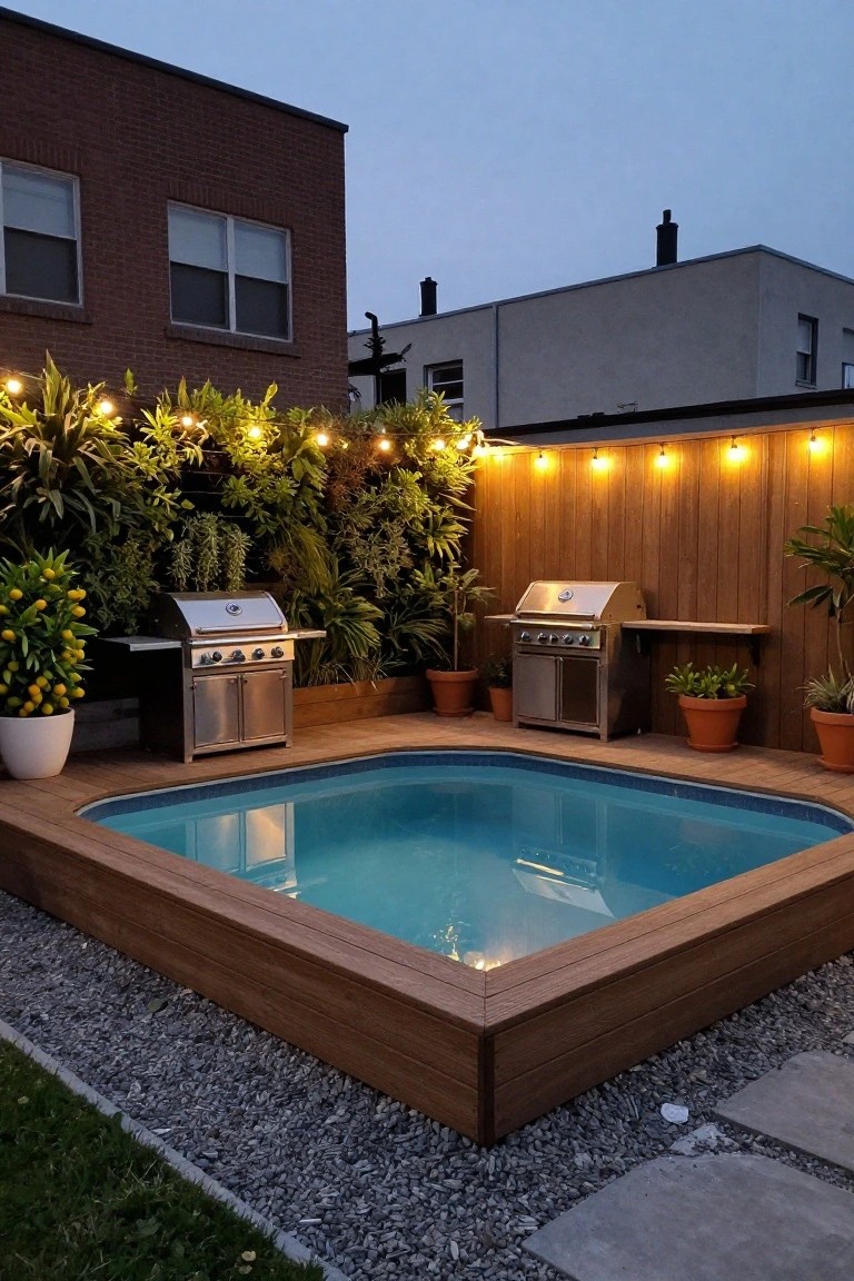 A turquoise semi-inground square pool with wood deck framing on a sloped backyard, flanked by two stainless steel grills, potted plants, string lights, and greenery along a wooden fence.