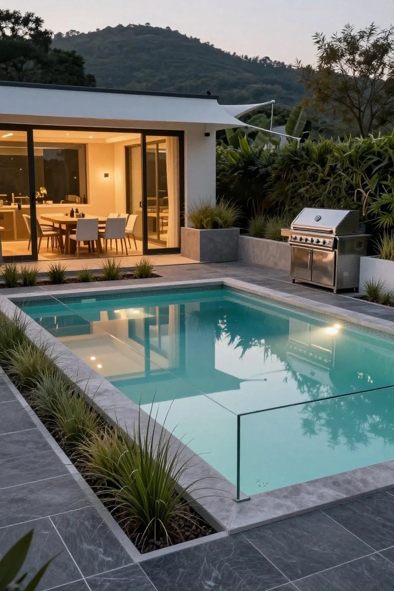 Semi-inground turquoise pool with glass fencing on one side, surrounded by gray patio tiles and tall grasses in planters, next to a stainless steel BBQ and a modern white house with glass sliding doors showing an indoor dining table, set against a sloped backyard with hills and plants in the evening light.