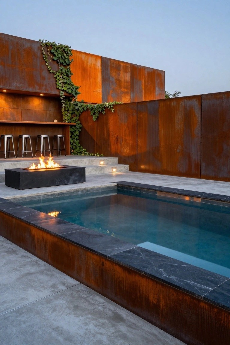 Semi-inground turquoise pool with black stone edging surrounded by tall rusted corten steel walls on a concrete patio, featuring a black linear gas fire pit, steps, and metal bar stools at a built-in bar counter.