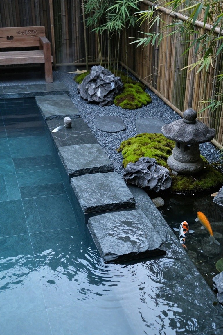 Semi-inground pool edged with large gray stone slabs and steps on a slope, surrounded by moss-covered rocks, gravel, koi fish in the water, a stone lantern, and bamboo fencing.