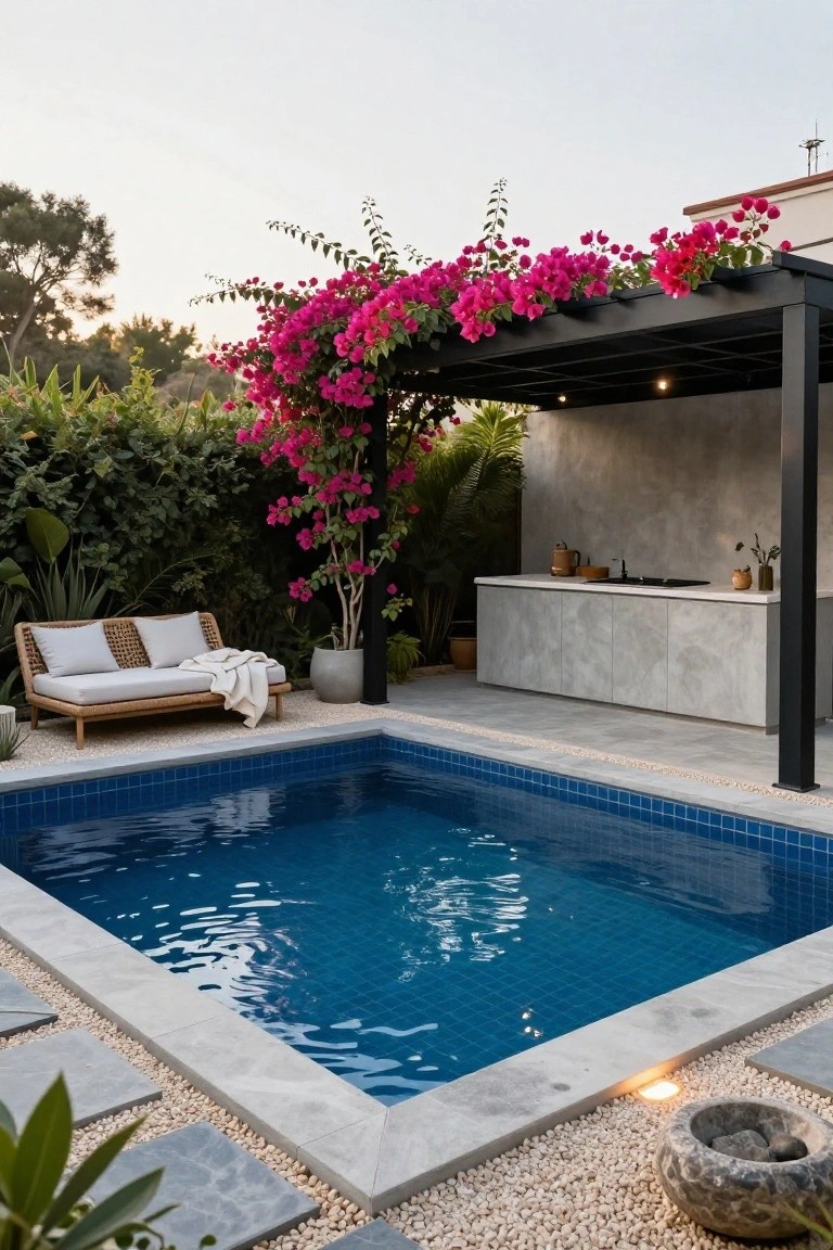 20 Refined Pool Pergola Design Ideas With Architectural Interest A small square pool with blue tiles bordered by gray stone, next to a black metal pergola covered in pink bougainvillea, a gray concrete outdoor kitchen counter, rattan lounge seating with cushions, and surrounding tropical plants on pebble ground.