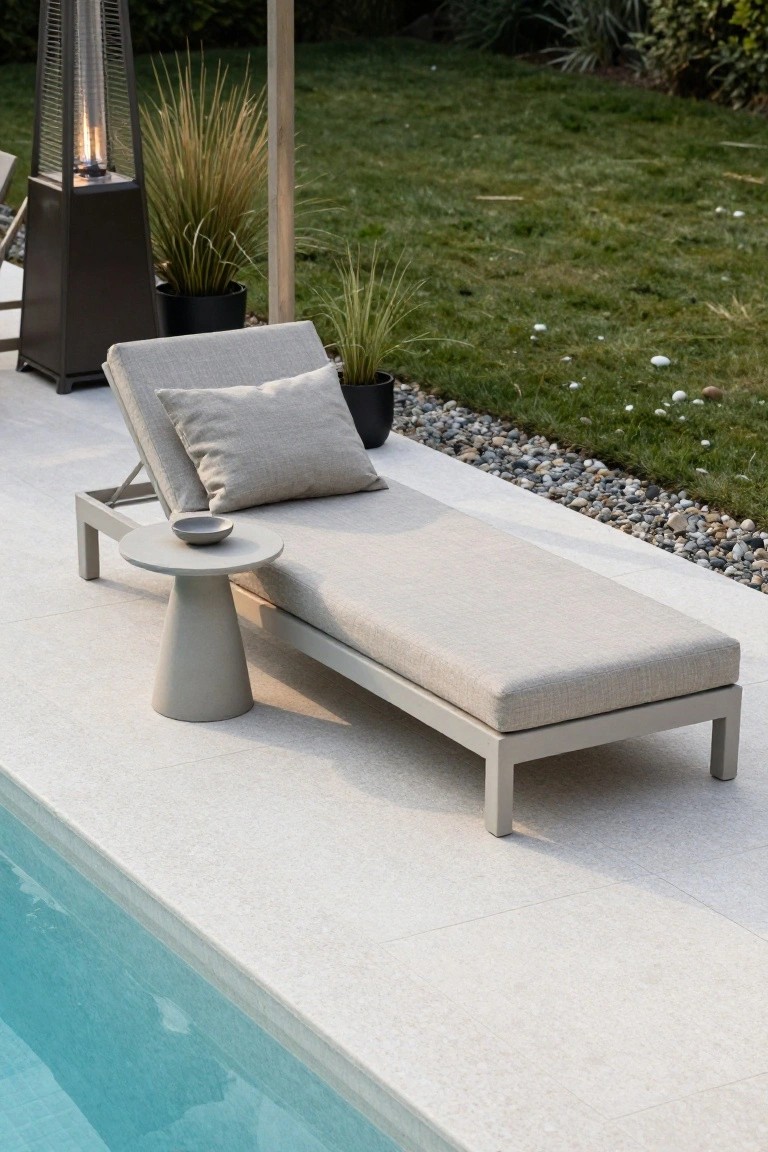 20 Refined Pool Pergola Design Ideas With Architectural Interest Beige fabric chaise lounge with pillows on a gray metal frame next to a conical gray side table holding a small bowl, positioned on light stone pavers beside a blue swimming pool, with ornamental grasses, black pots, gravel border, and tall patio heater nearby.