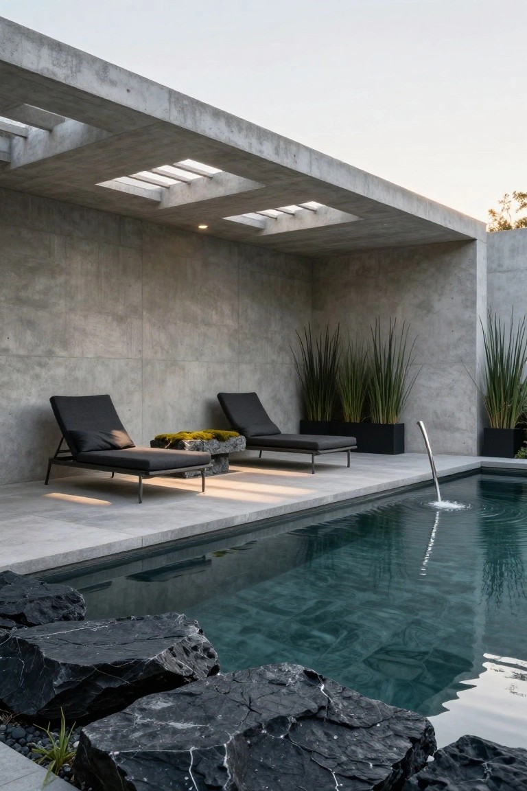 20 Refined Pool Pergola Design Ideas With Architectural Interest Exposed concrete pergola structure with slatted roof over two black loungers and a moss-covered stone table beside a rectangular pool with black rocks and a bubbling water spout.