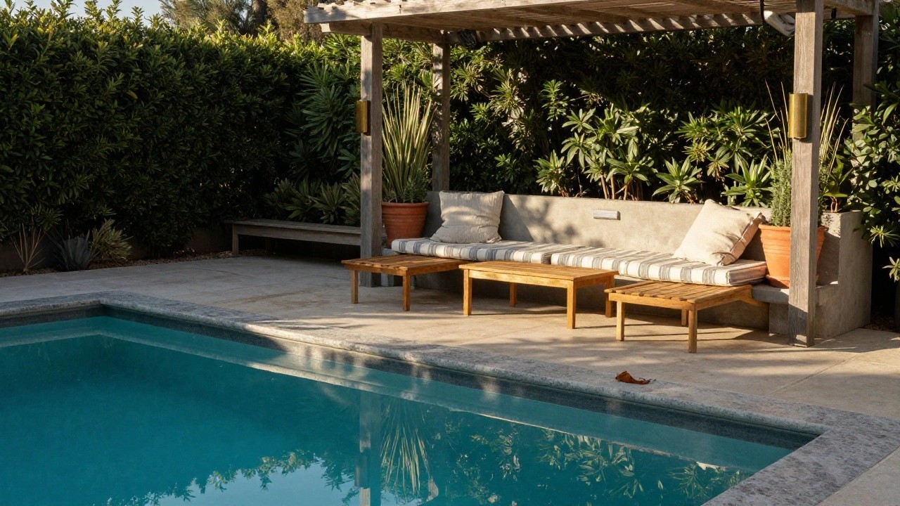 Wooden pergola shading an L-shaped light gray concrete bench with beige cushions and striped pillows next to a turquoise pool, with a wooden coffee table, terracotta pots, and various green plants nearby.