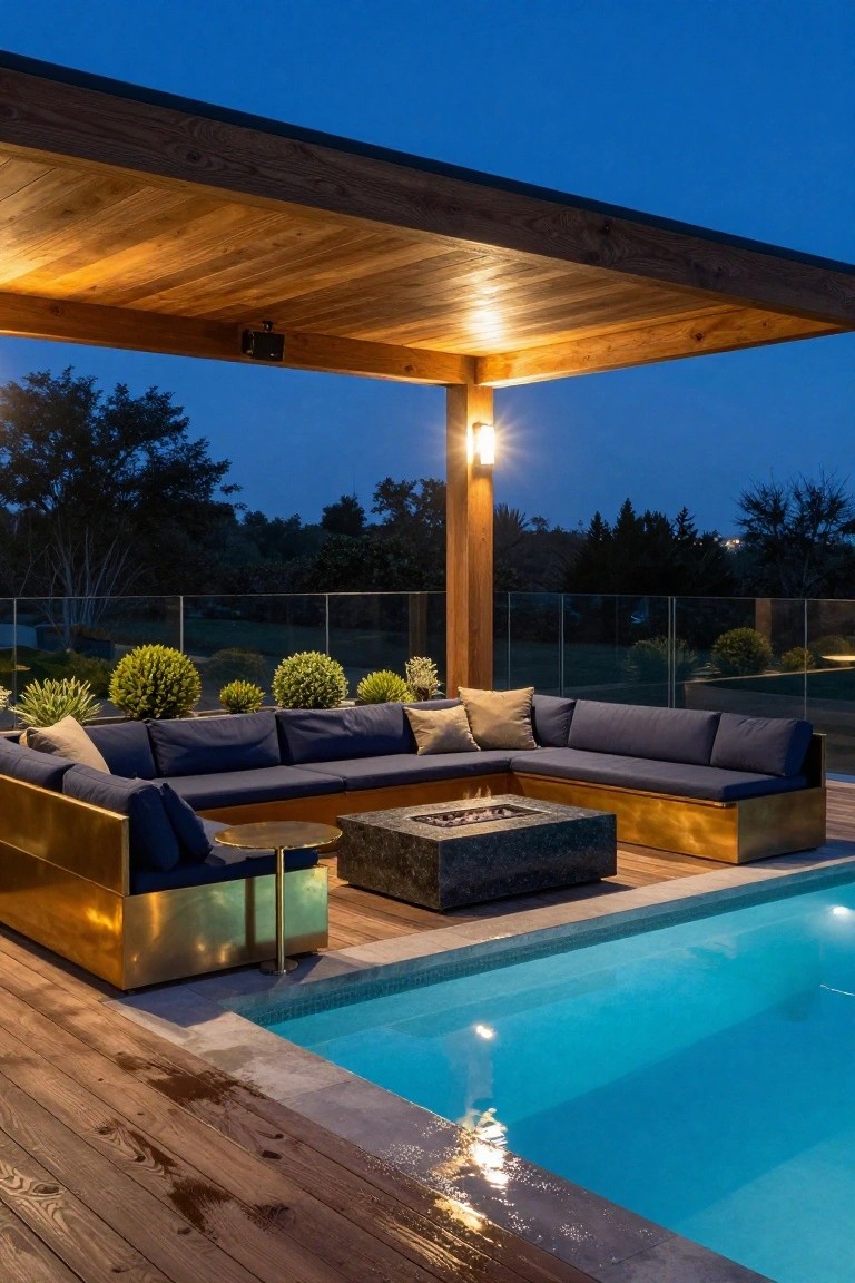 20 Refined Pool Pergola Design Ideas With Architectural Interest Wooden pergola with warm overhead lighting shelters an L-shaped navy blue sectional sofa with gold metal frames around a rectangular gas fire pit table next to a lit pool at dusk, surrounded by potted plants and glass railings.