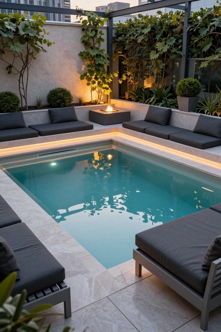 20 Refined Pool Pergola Design Ideas With Architectural Interest Rooftop terrace with a small rectangular turquoise pool, L-shaped built-in benches with black cushions, central square fire pit, potted plants, climbing vines on black metal pergola frame, and city buildings visible at dusk.