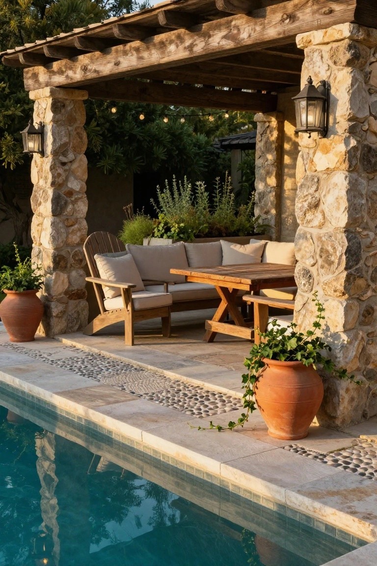 20 Refined Pool Pergola Design Ideas With Architectural Interest Pergola with tall rough stone pillars and wooden beams shading wooden sofa, chairs, and table next to turquoise pool edge, with lanterns, string lights, potted plants, and pebble paths.