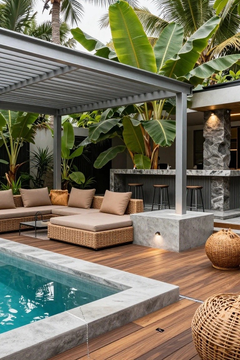 20 Refined Pool Pergola Design Ideas With Architectural Interest Slatted metal pergola shading a beige rattan lounge sofa set and bar counter beside an infinity-edge pool, with tropical plants, wooden decking, and concrete elements in a lush garden setting.