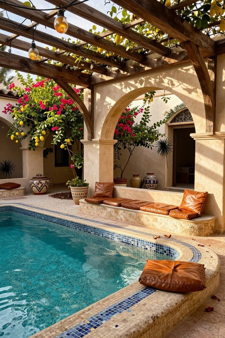 20 Refined Pool Pergola Design Ideas With Architectural Interest Rustic wooden pergola overhead with climbing green vines bearing yellow lemons and pink bougainvillea flowers, above a turquoise mosaic-tiled pool edged in beige stone, with leather cushions on built-in benches, arched tan walls, potted plants, and terracotta pots nearby.