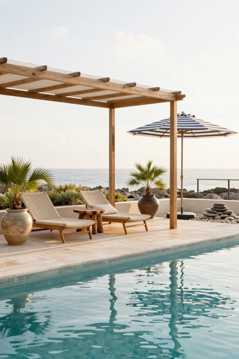 20 Refined Pool Pergola Design Ideas With Architectural Interest Poolside deck with two beige rattan loungers and a wooden side table under an open wooden pergola, striped umbrella nearby, large ceramic pots, turquoise pool water, and ocean view beyond rocks.