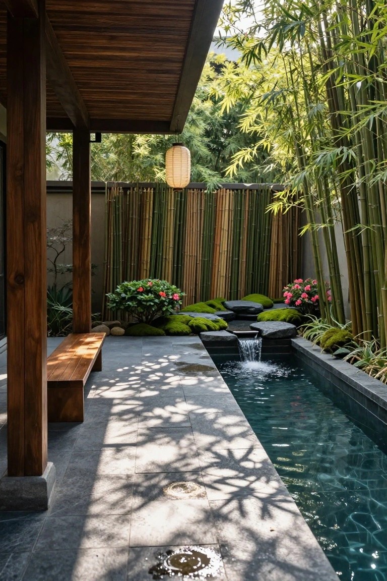 20 Refined Pool Pergola Design Ideas With Architectural Interest Wooden pergola with pillars shading a bench beside a narrow rectangular pool with a waterfall, moss-covered rocks, plants, and bamboo fencing.