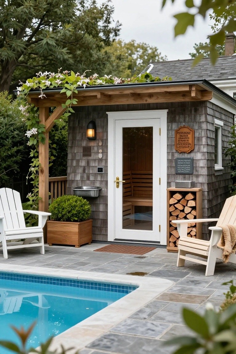 Shingled outdoor sauna cabin with glass door and wood stove visible inside, positioned next to an in-ground pool on a stone patio with two Adirondack chairs, firewood stack, and vine-covered pergola.