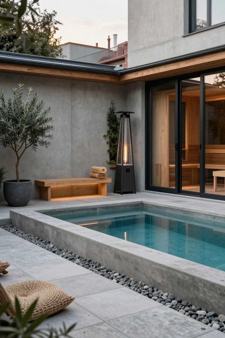 Narrow turquoise plunge pool built into a concrete courtyard patio with wooden bench, towels, gas patio heater, potted olive trees, pebble edging, and glass doors to a wooden sauna next to a modern house exterior.