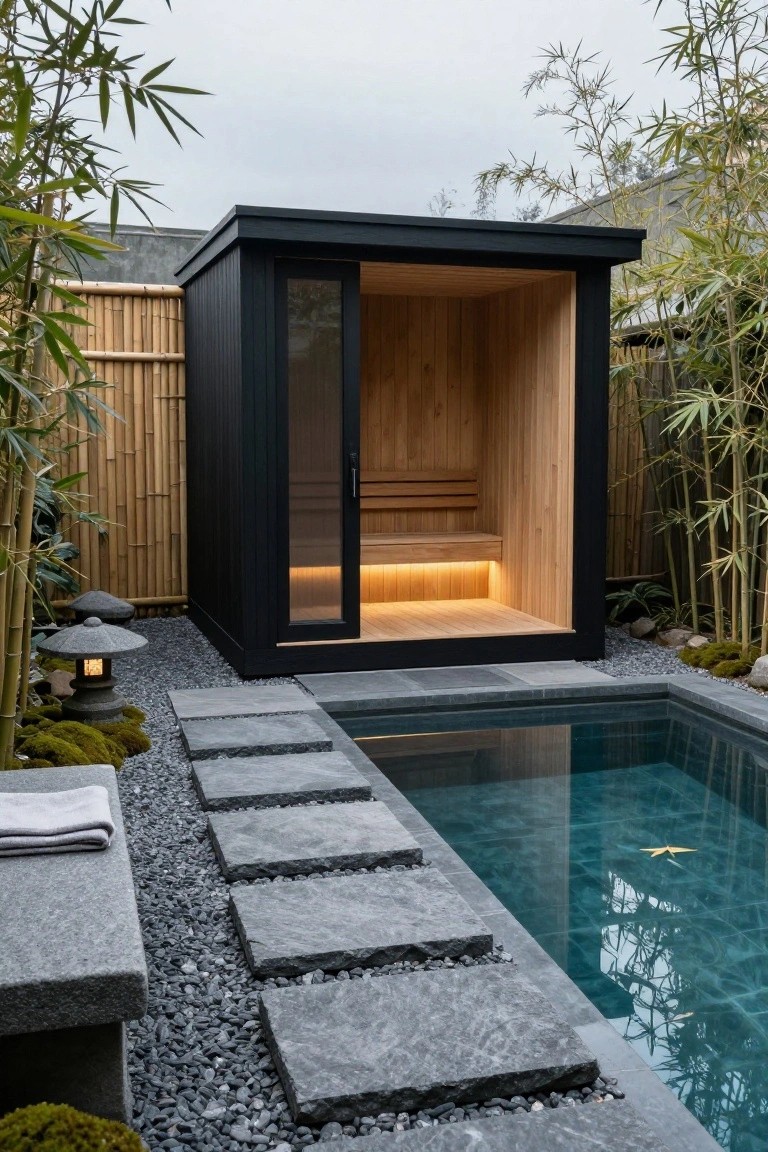 Small black wooden cube-shaped sauna cabin with glass door and interior bench next to a rectangular turquoise pool, surrounded by bamboo fencing, stone steps, gravel, mossy rocks, and stone lanterns in an outdoor garden setting.