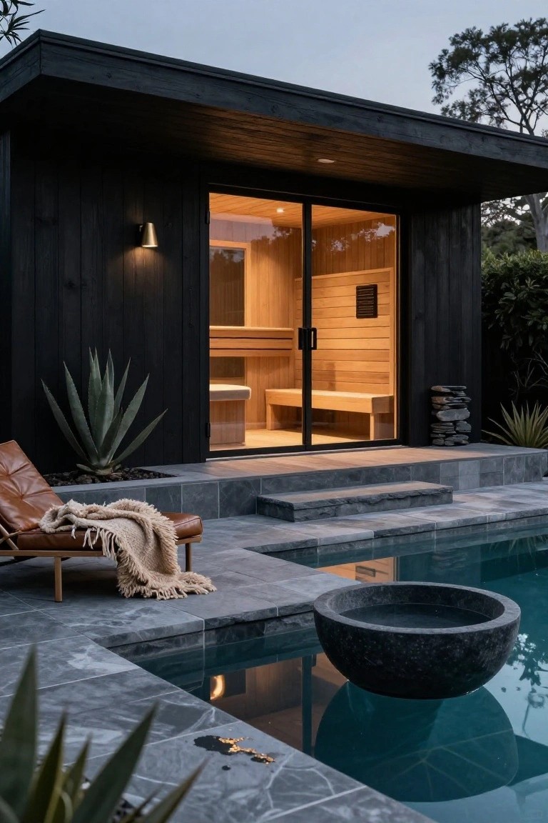 Black wood-clad rectangular sauna building with glass sliding doors revealing light wood benches and heater inside, positioned on a gray tiled patio next to a swimming pool, with agave plants, leather lounger, stone basin, and dusk lighting.