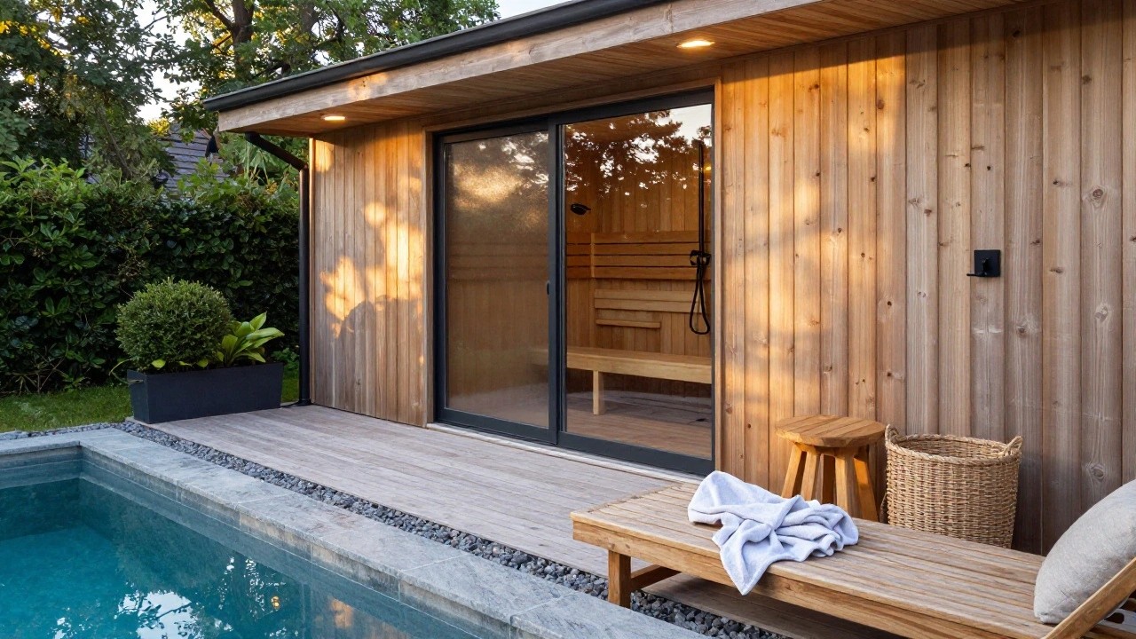 Wooden sauna cabin with open glass door next to a small rectangular pool, revealing interior benches, shower, and cushions, on a stone patio with gravel edging and plants.