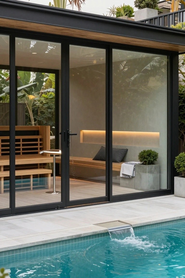 Black-framed glass pool house with wooden sauna interior visible through sliding doors, positioned next to a turquoise tiled pool with a metal-edged water spillover from the deck.