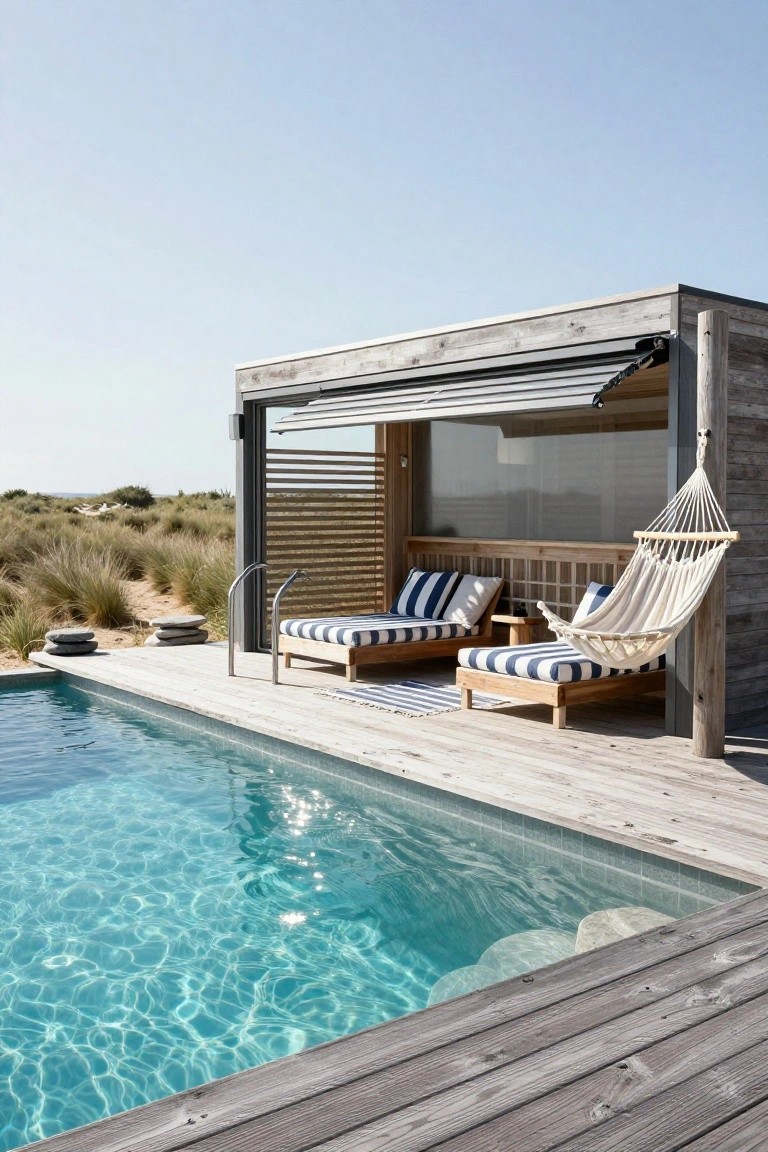 Wooden pool house cabana with louvered screens and gray shutters on a deck, featuring blue-and-white striped lounge chairs, a white hammock, and an adjacent swimming pool near sandy dunes.