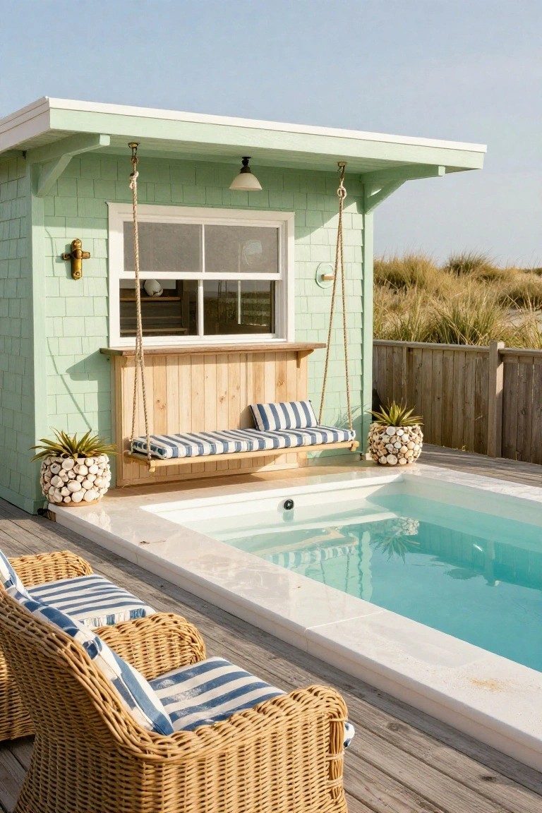 Mint green shingled pool house with rope-suspended wooden swing seat and blue striped cushions next to small turquoise pool on wooden deck with wicker chairs and potted plants amid beach grass.