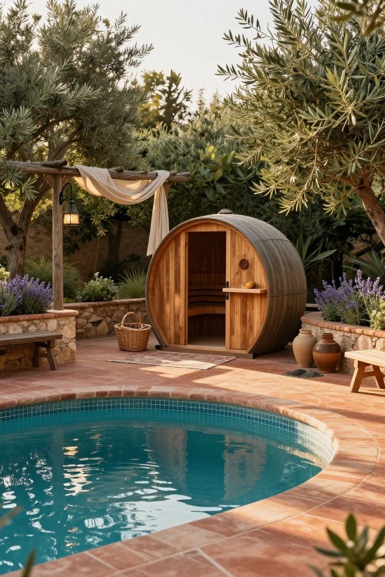 Wooden barrel sauna with open door next to a curved turquoise pool on terracotta tiles, surrounded by olive trees, lavender plants, stone walls, benches, clay pots, and a lantern post.