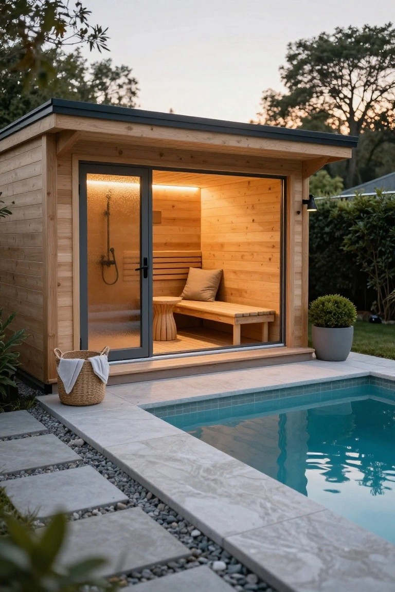 Wooden sauna cabin with open glass door next to a small rectangular pool, revealing interior benches, shower, and cushions, on a stone patio with gravel edging and plants.