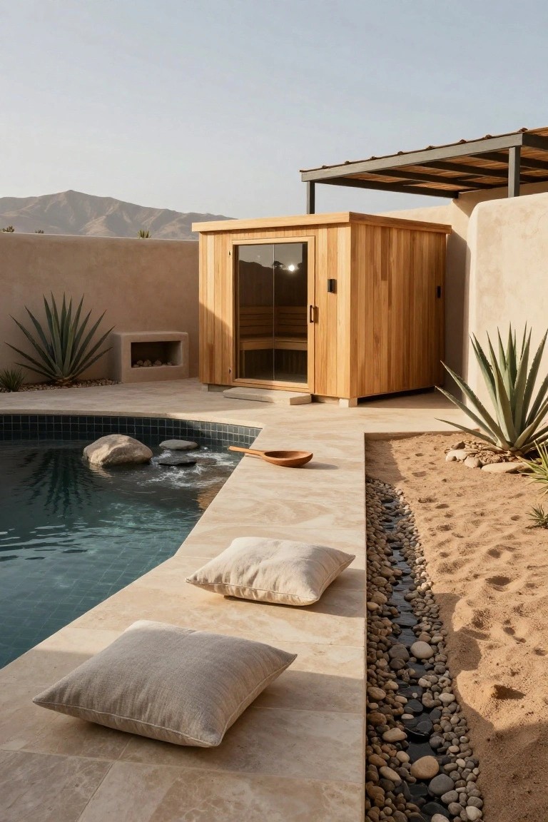 Wooden sauna cabin with glass door next to a turquoise pool edged in black tiles and rocks, beige cushions on travertine patio, agave plants, pebble drain, and adobe walls with mountains in background.