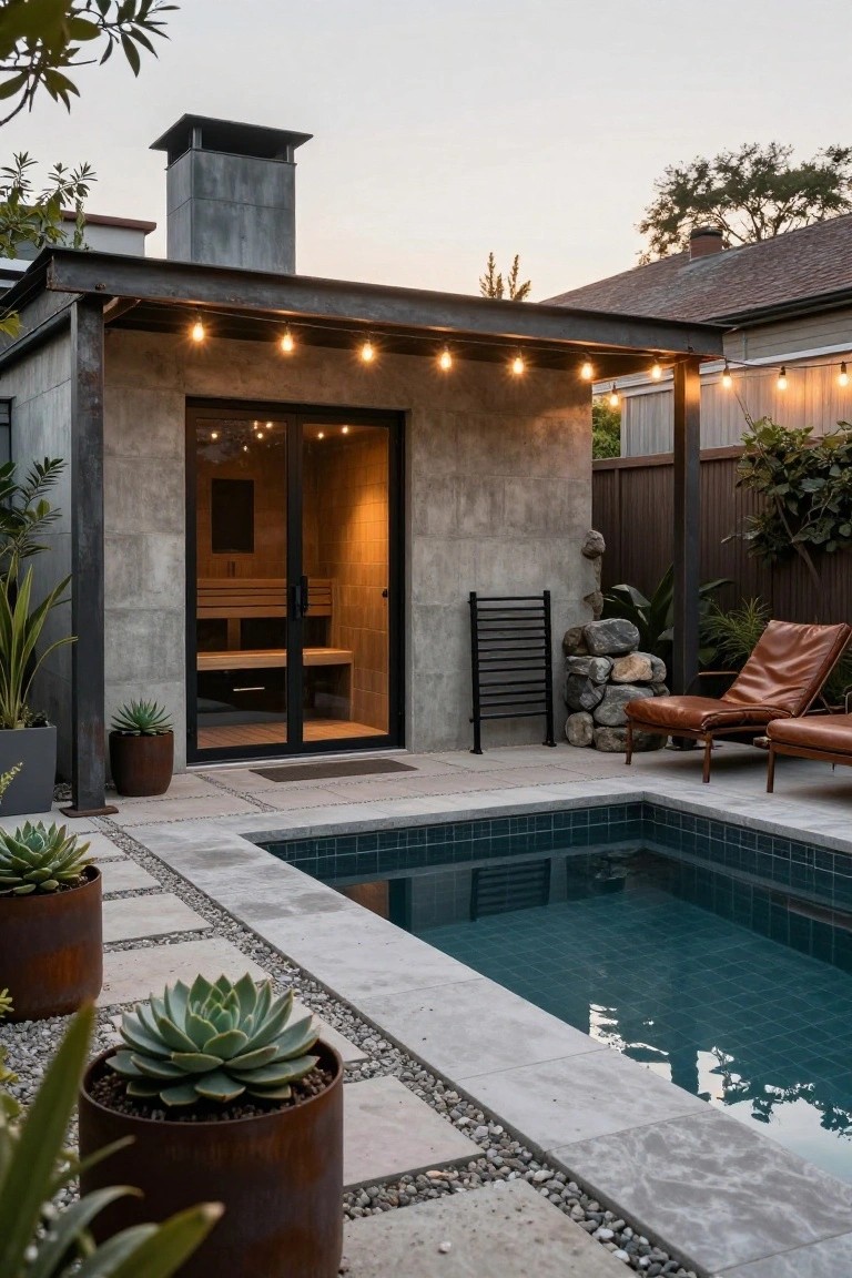 Concrete pool house with glass door revealing wood sauna benches, positioned next to a small turquoise-tiled pool, with lounge chairs, potted succulents, and string lights overhead.